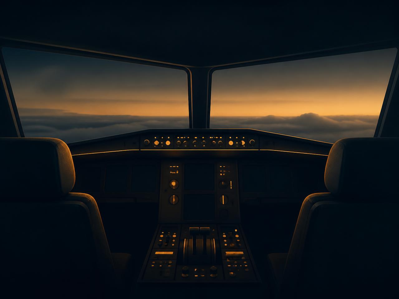 Cockpit van een verkeersvliegtuig bij schemering