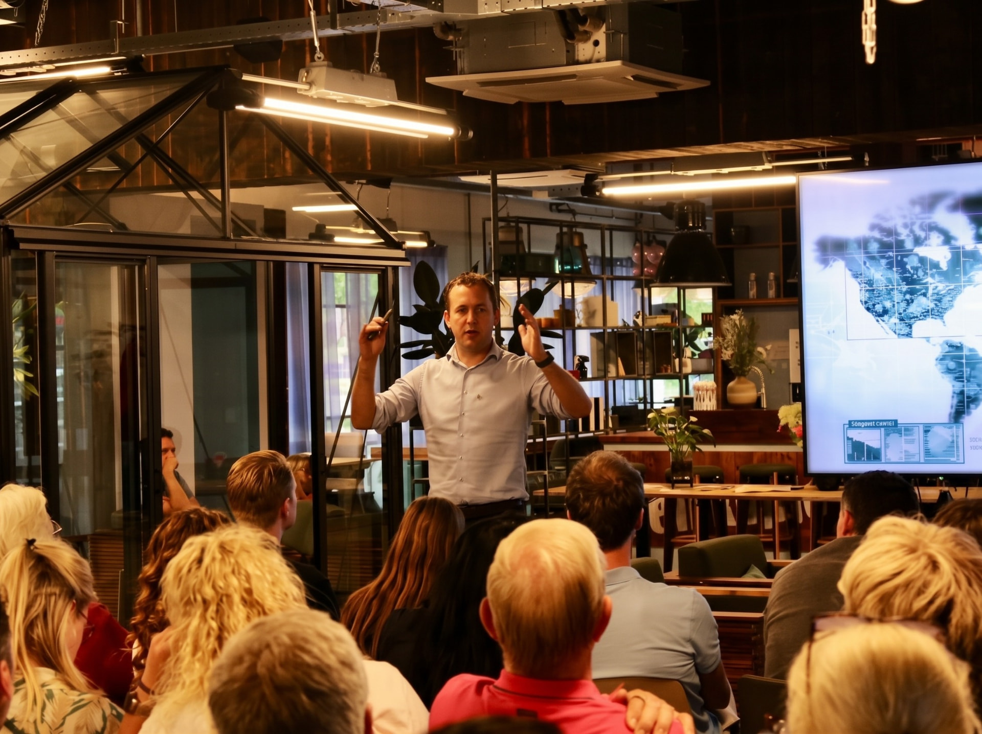 Tom de Haan geeft een security awareness sessie voor een zaal met medewerkers